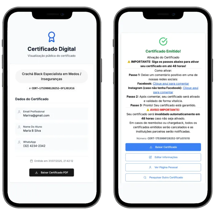 Sistema de certificados digitais da Therapist University com QR Code e validação online